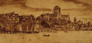 This view of the Thames, looking up to the south-western flanks of Medieval St Paul’s, was painted by the Dutch artist M van Overbeek some time between 1641 and 1653, and shows Inigo Jones’s tower scaffolding still in place.